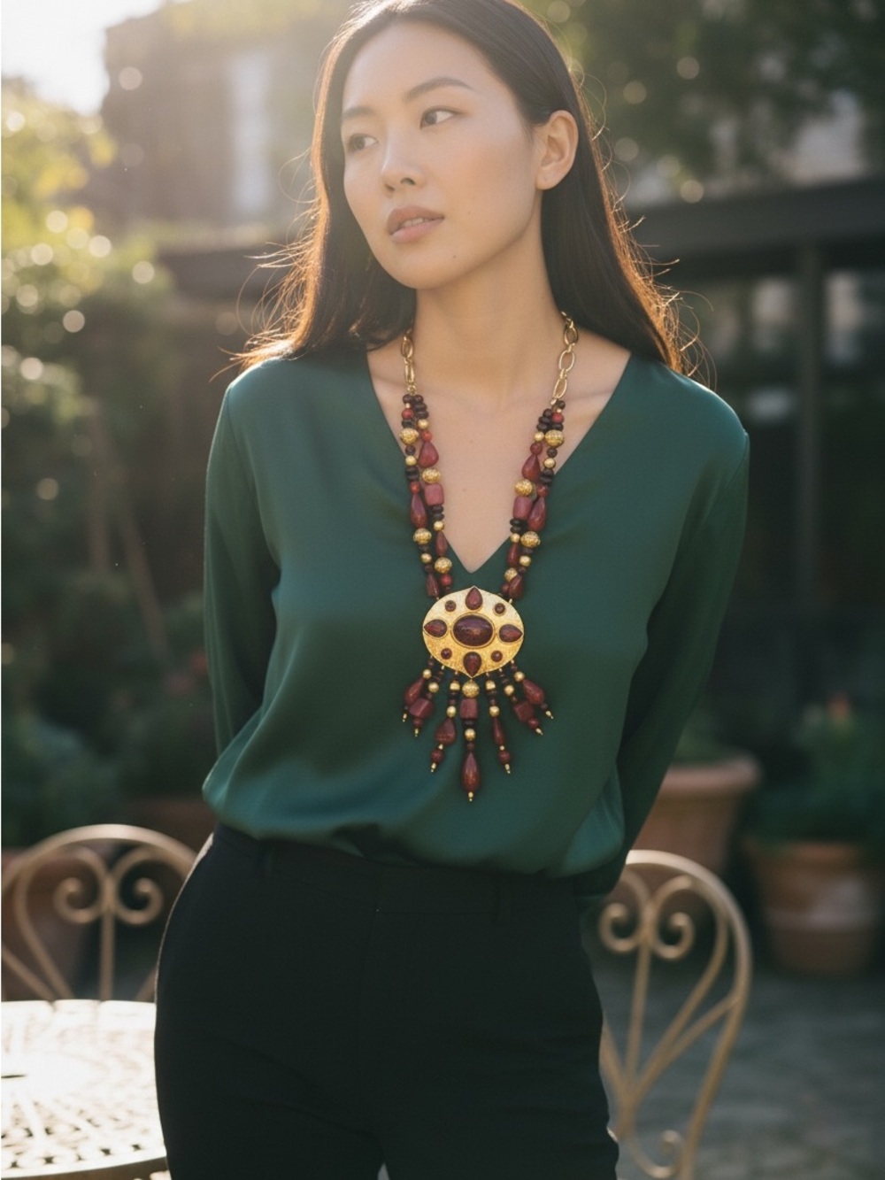 Chico's Gold-Tone Necklace with Deep Red Beads and Pendant